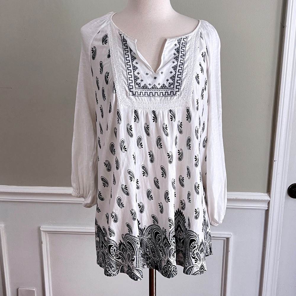 Vintage X America Peasant Tunic Womens L Paisley Embroidered White Boho Festival